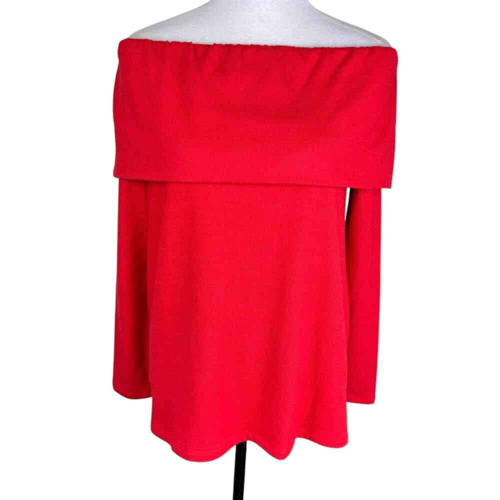 LOFT NEW Bright Red Fold Down Off The Shoulder Knit Cozy Long Sleeve Sweater